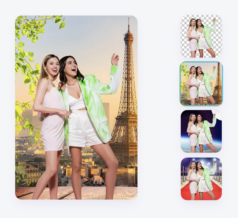 Background replacement preview using ai photo booth effects with multiple scene options.
