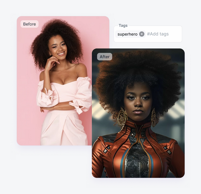 Before-and-after superhero portrait transformation made with ai photo booth effects.