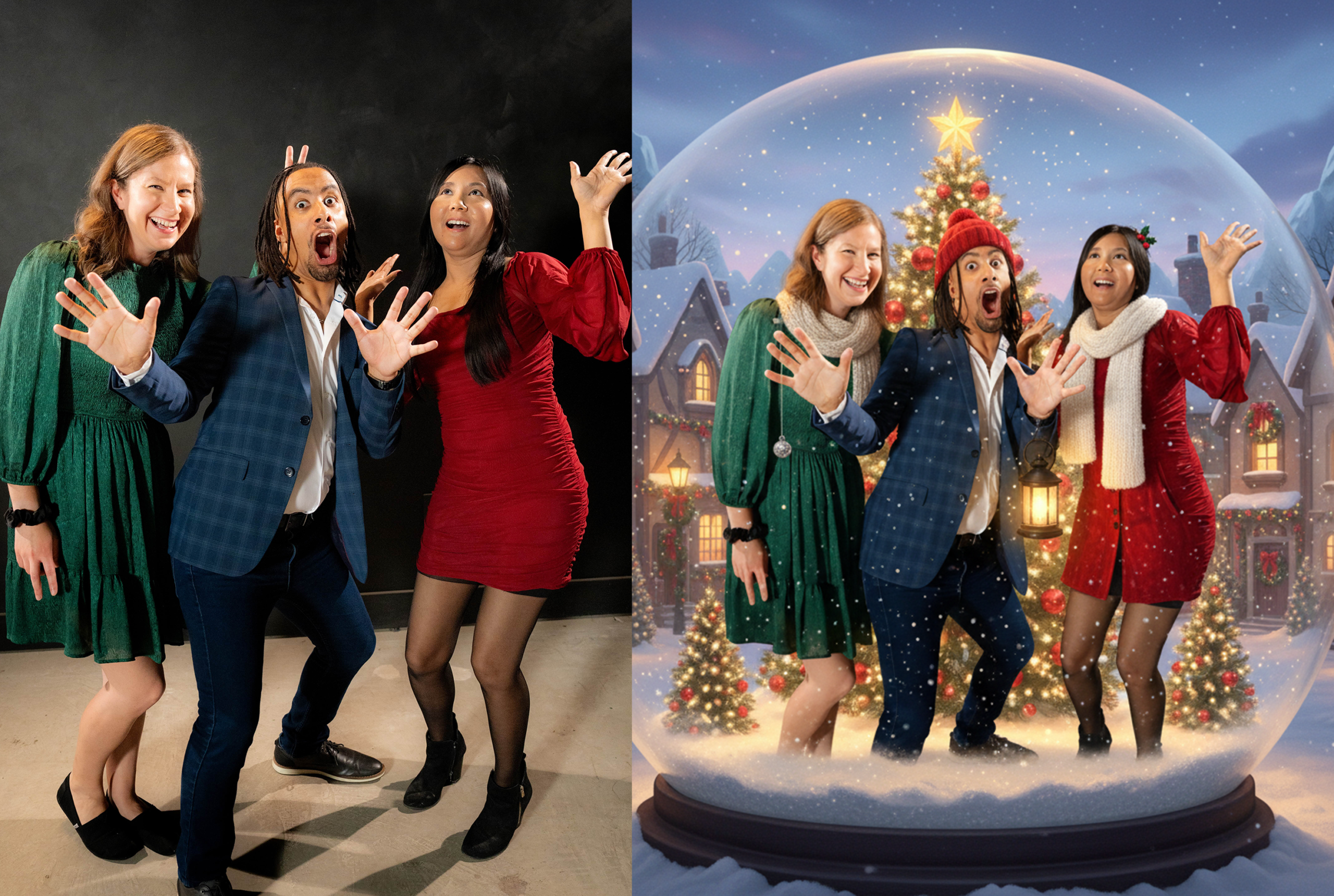 AI photo booth creating a festive holiday transformation photo