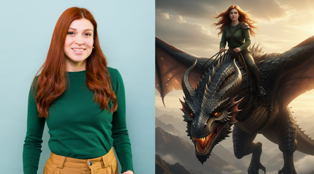 Epic fantasy dragon rider scene created with ai photo booth transformation effects.