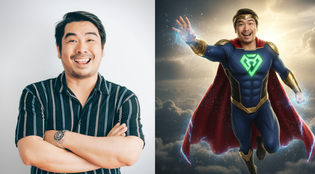 Split-image hero transformation created for an event photography experience using AI effects. Caption: Big energy. Bigger glow-up.