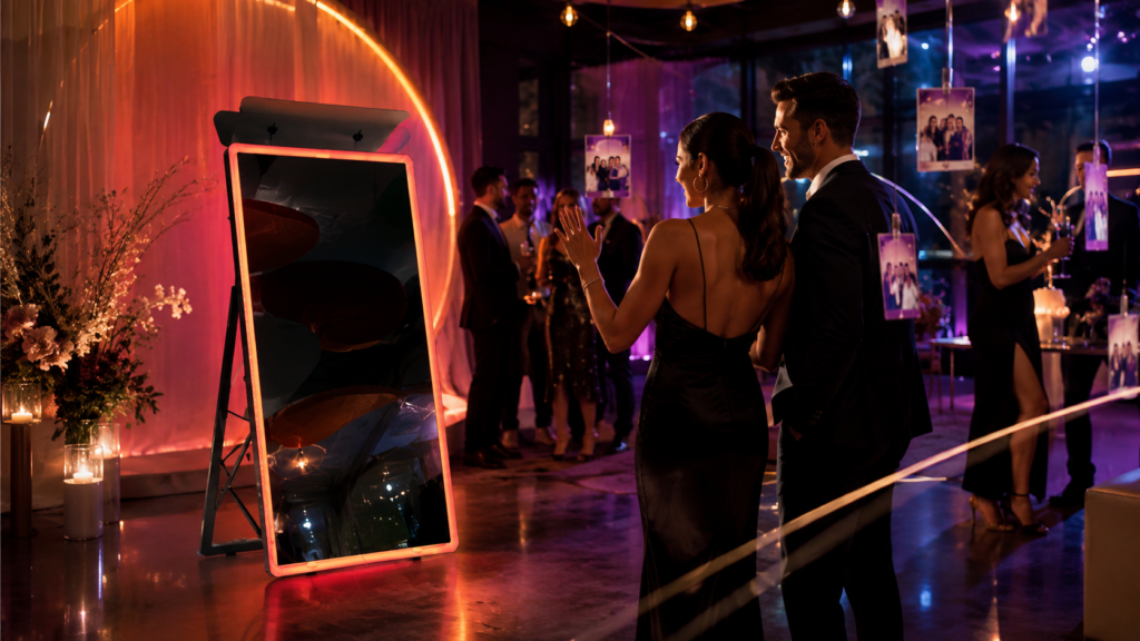 Group of guests in formal attire mingling at a chic party beside a glowing neon-framed photo booth and hanging photos.