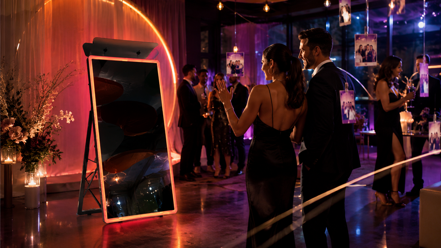 Group of guests in formal attire mingling at a chic party beside a glowing neon-framed photo booth and hanging photos.