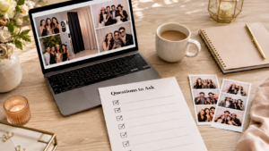 Laptop shows a photo booth collage; a 'Questions to Ask' checklist sits on the desk with printed photos nearby.