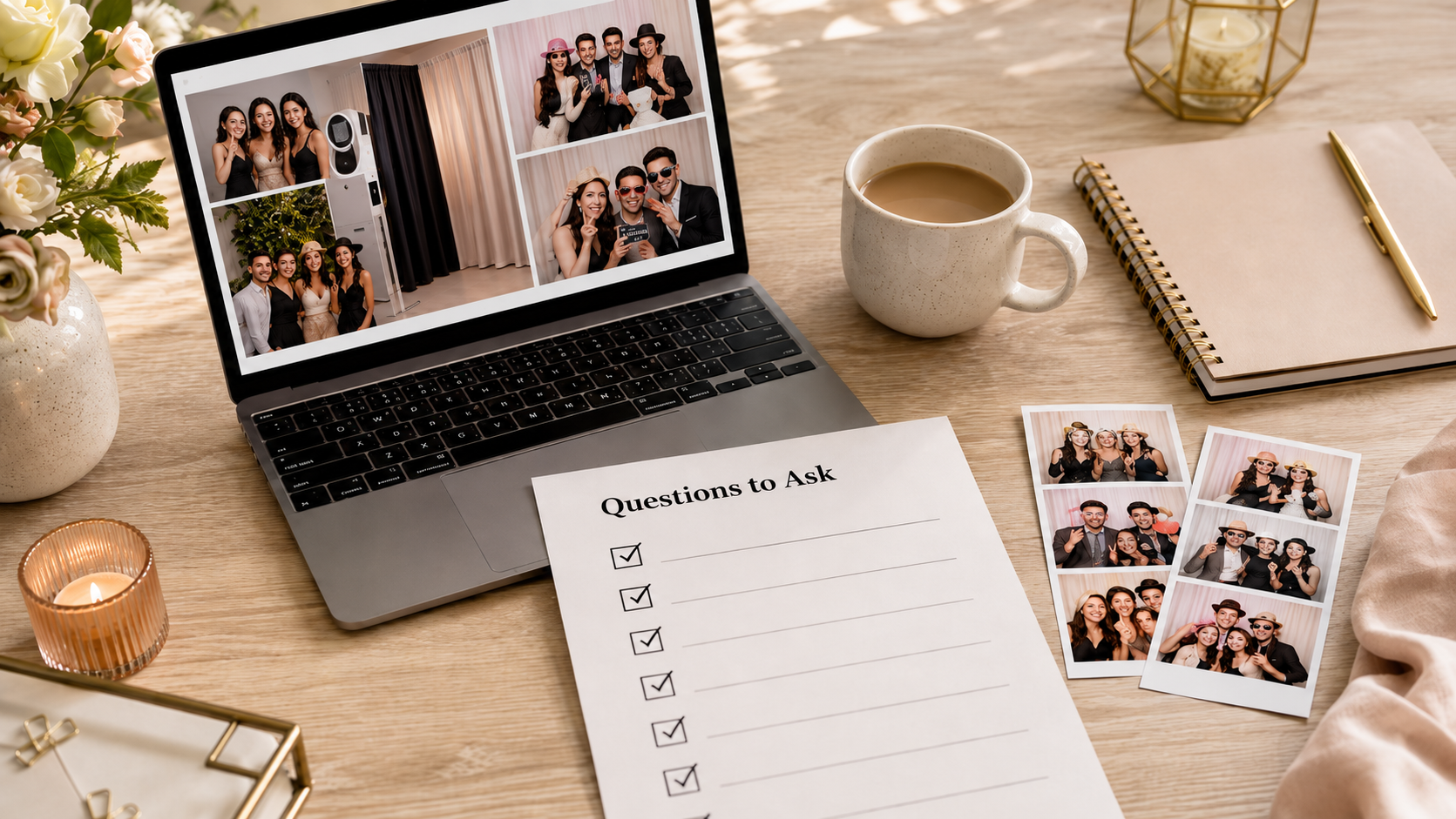 Laptop shows a photo booth collage; a 'Questions to Ask' checklist sits on the desk with printed photos nearby.